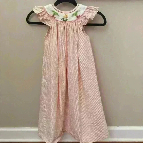 Posh Originals Smocked Seersucker Bishop Long Dress Mermaid Palm Trees Size 6X - Picture 6 of 10